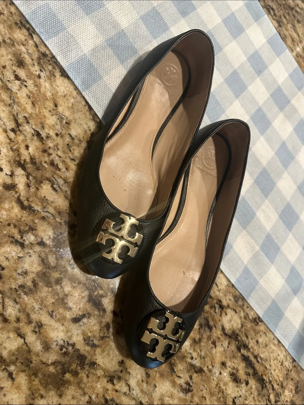 Tory Burch Black Leather Ballet Flats with Gold Logo Medallion